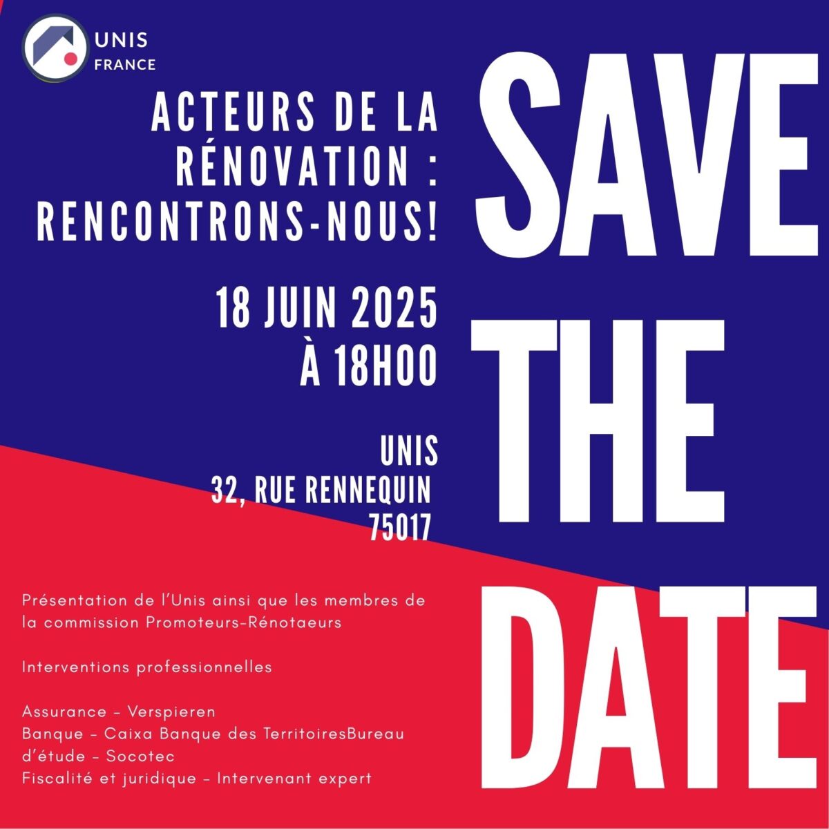save the date acteurs de la rénovation soirée des promoteurs rénovateurs Unis 18 juin 2025